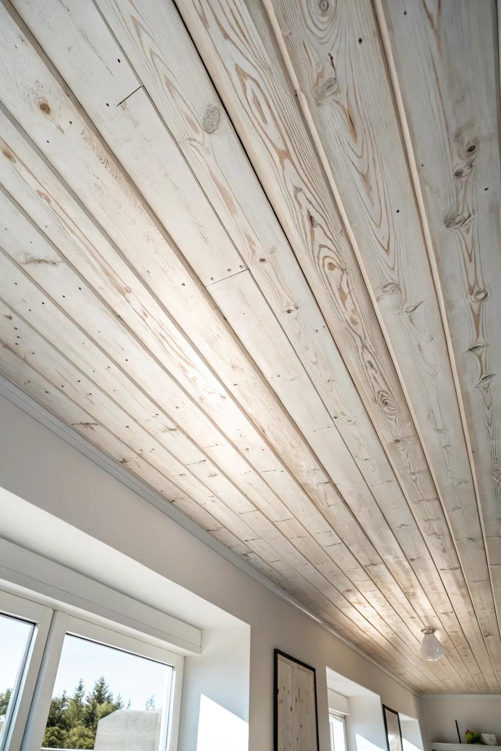 Chalky whitewashed planks brighten the room—sun-faded texture with calm Scandinavian charm.