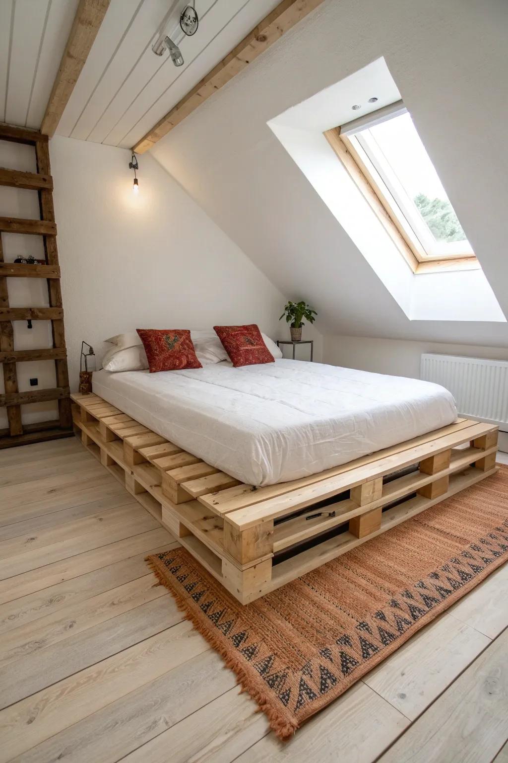 Cut-to-fit pallet bed platform for attic slopes—Scandi minimalism with a bold boho throw.