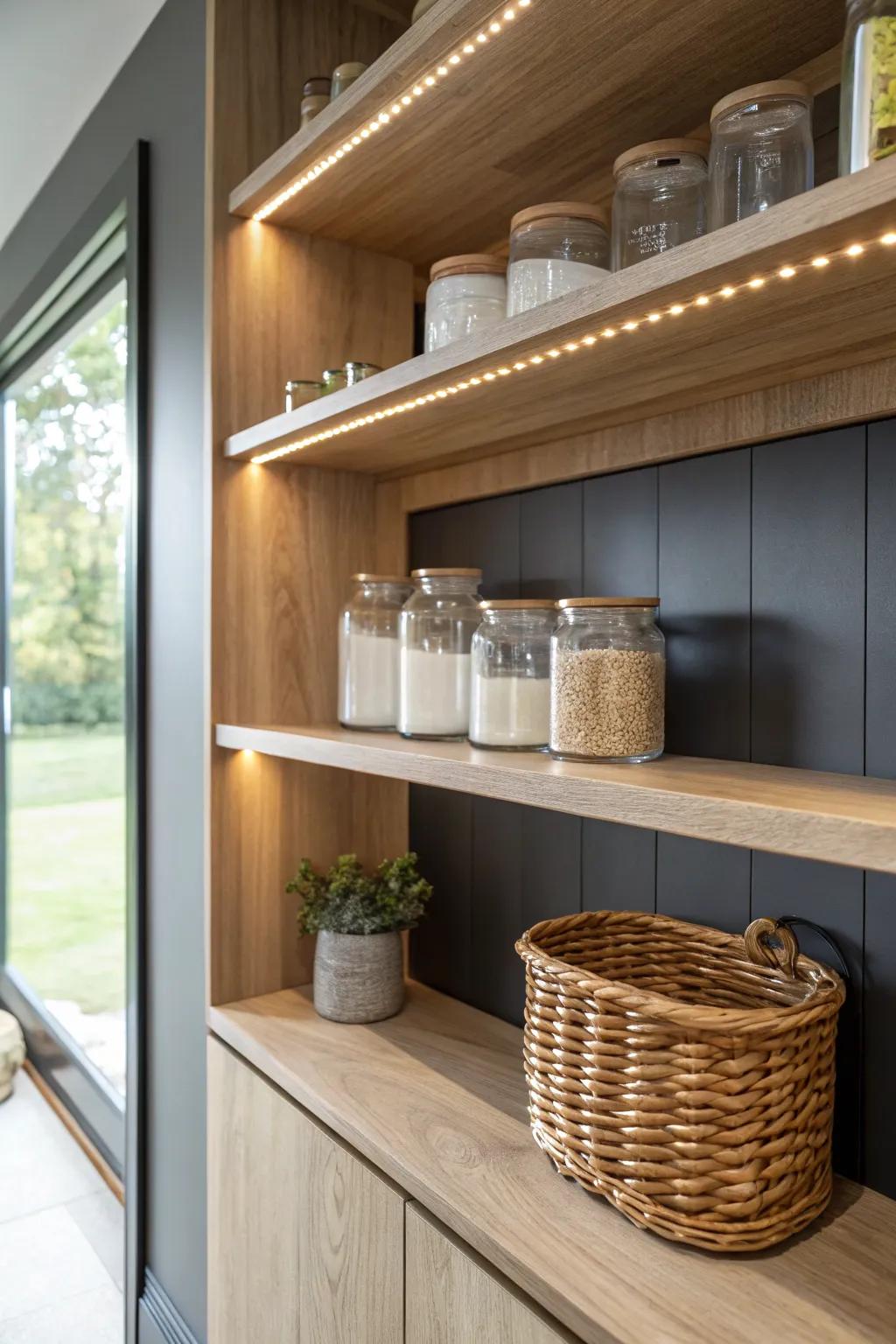 Warm under-shelf lighting turns a dark pantry shelf into a bright, calm, easy-to-see zone.