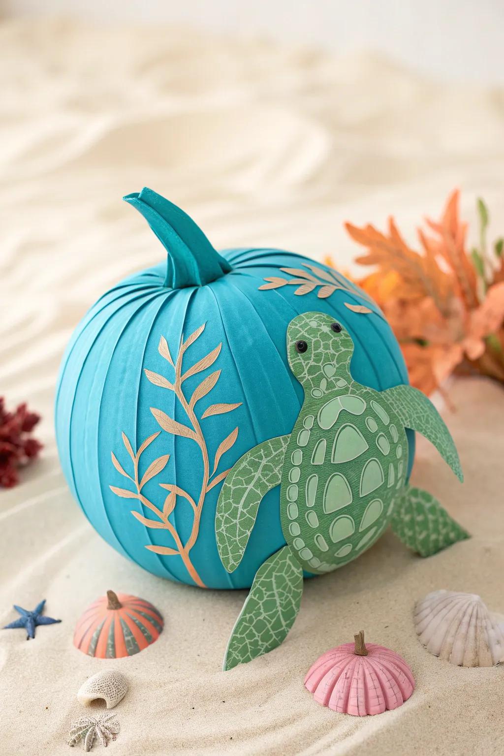 Dive into creativity with this charming sea turtle pumpkin, a perfect blend of minimalist elegance and boho flair!