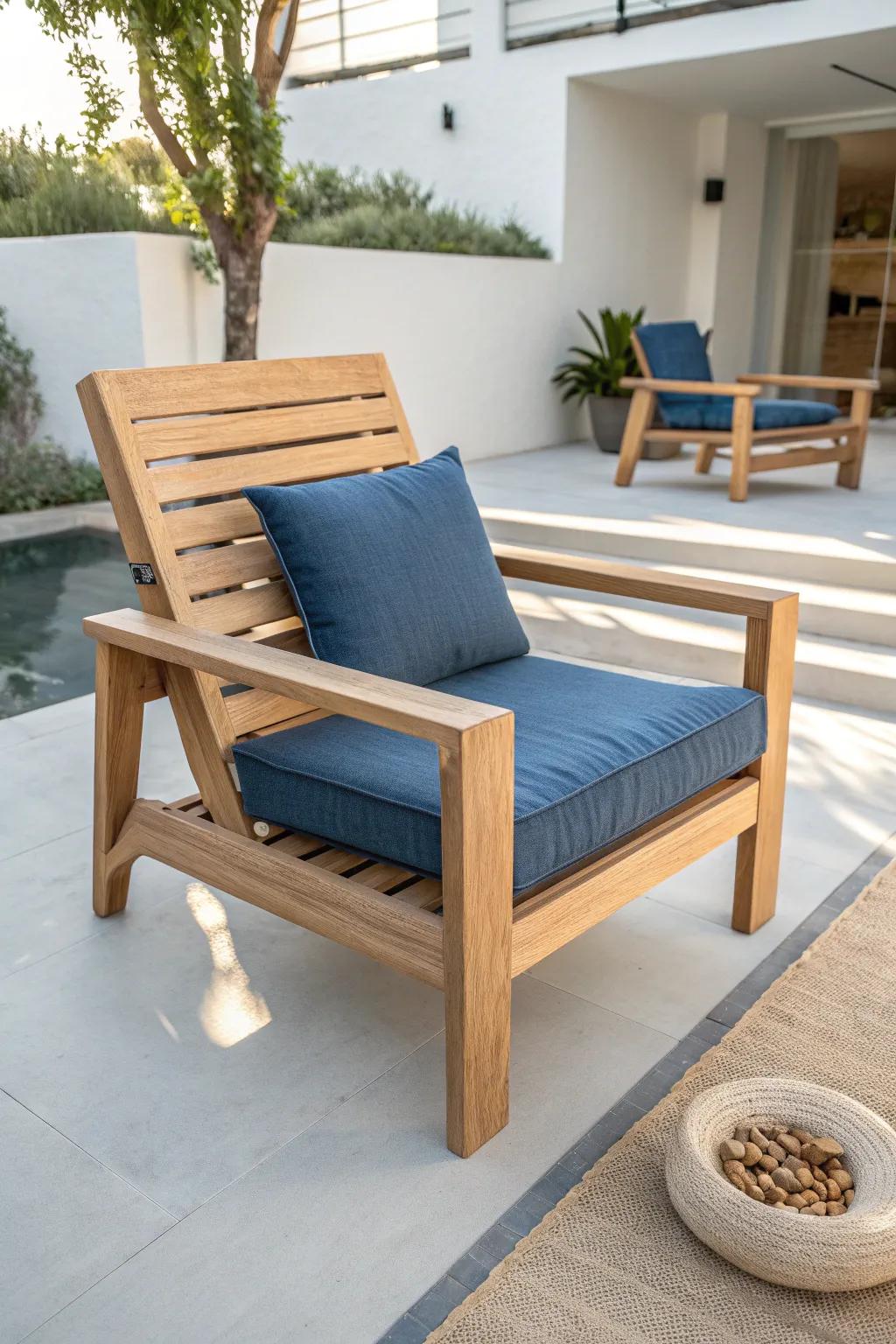 DIY slatted lounge chair with wide drink-ledge arms—patio seating that feels instantly finished.