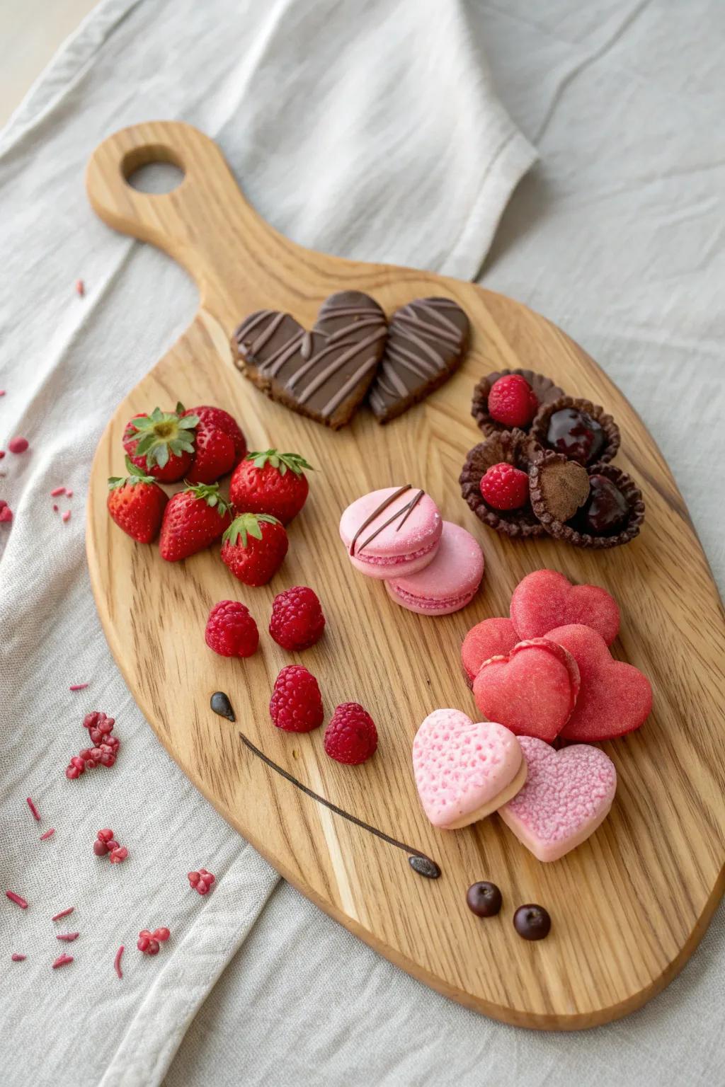 Romantic red & pink pastry board with berries, heart treats, and dark chocolate on oak.