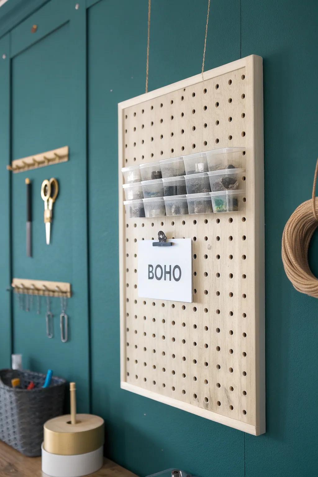 Clear labeled bins on a birch pegboard—fasteners sorted, coffee cans gone for good.