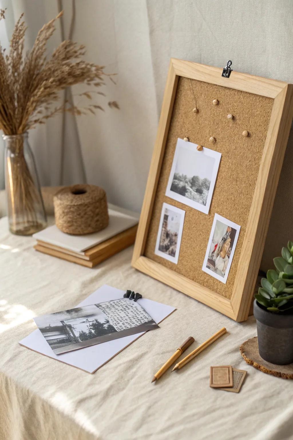 Cork-backed oak memory frame: pin postcards, sketches, and snapshots in a clean, cozy style.