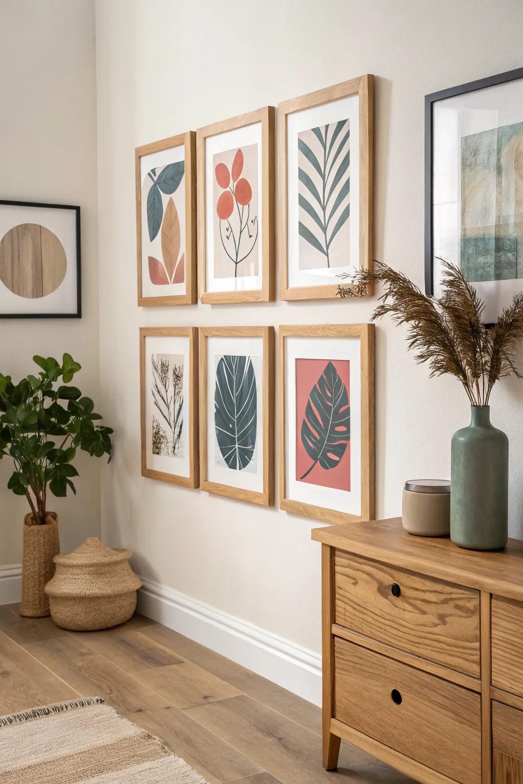 Touching oak frames create one bold art block—matched finishes, calm mats, striking color.