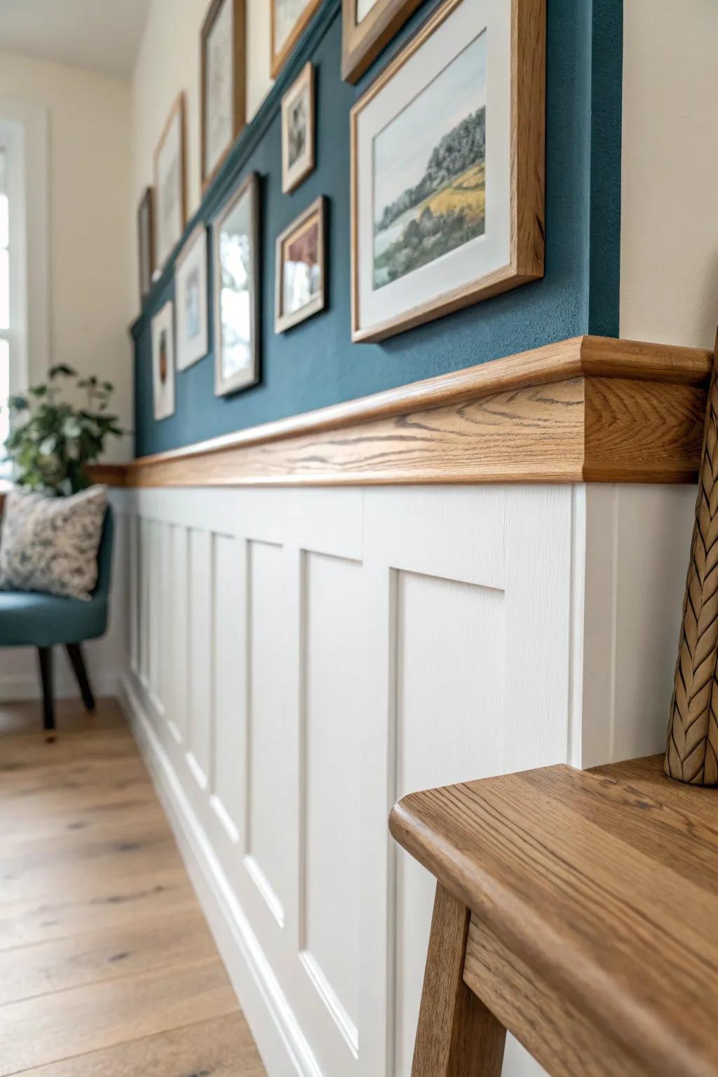 A slim oak ledge on picture-frame wainscoting—swap one decor piece anytime, no new holes.