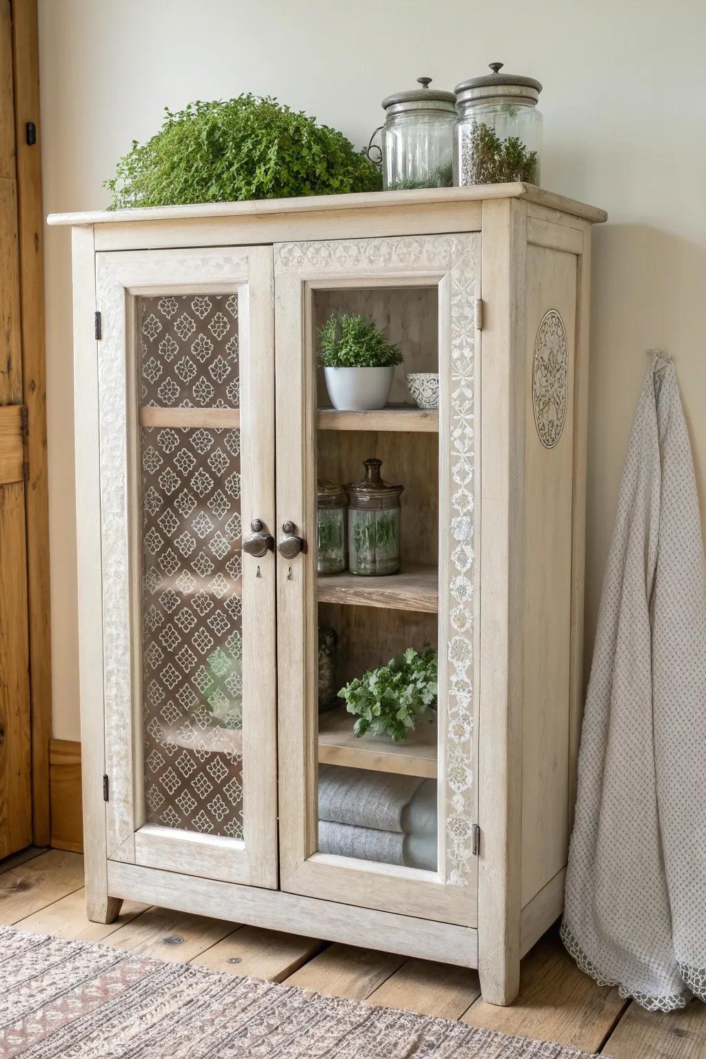 Spring pie safe refresh: herbs in tiny jars and seed packets for a bright kitchen-garden look.