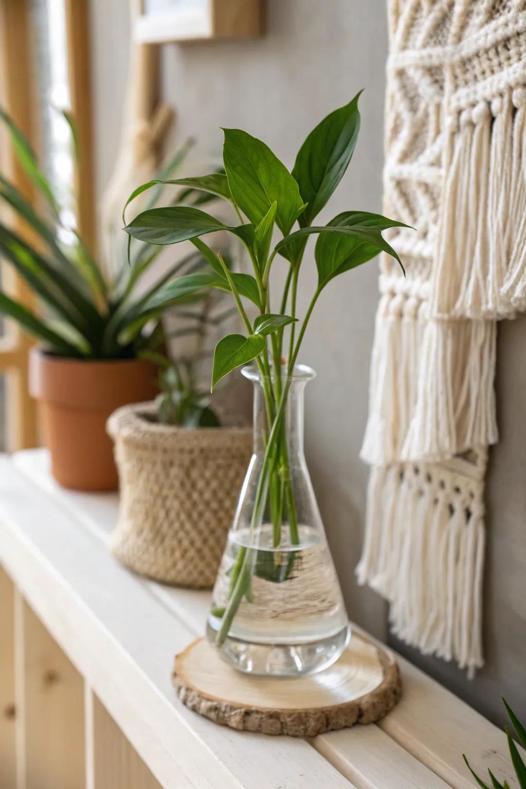 Geek-chic meets natural beauty: Elevate your home decor with a stylish glass beaker plant propagation station.