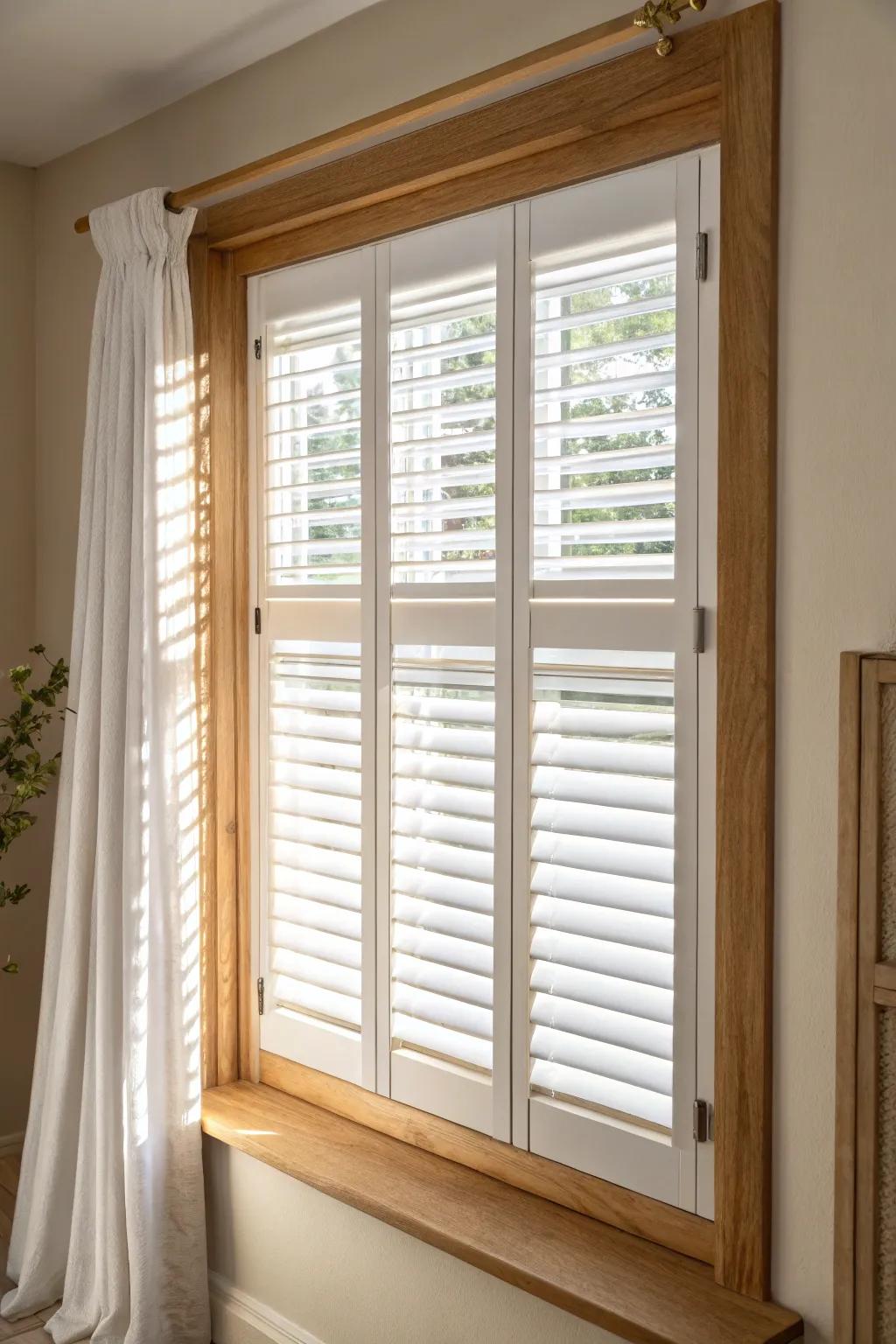 Hidden-tilt plantation shutters for a sleek, custom look—minimal front view with bold light and shadow.