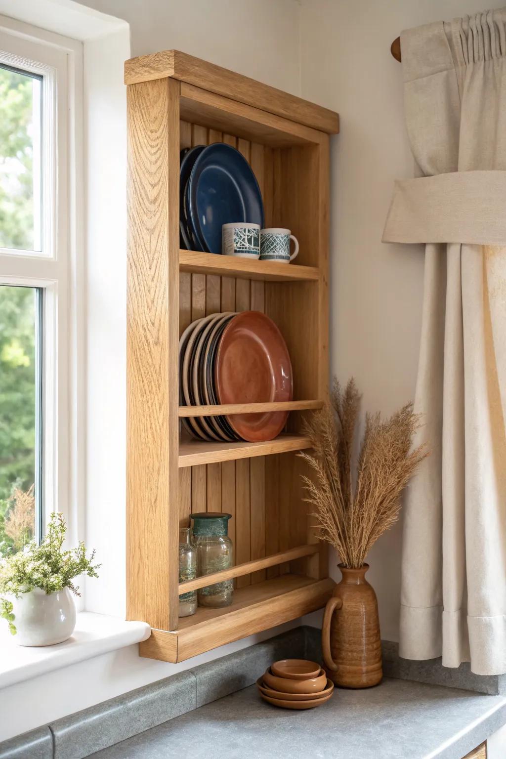 Turn an awkward corner into a charming dish nook with a sleek, handcrafted wooden plate rack.