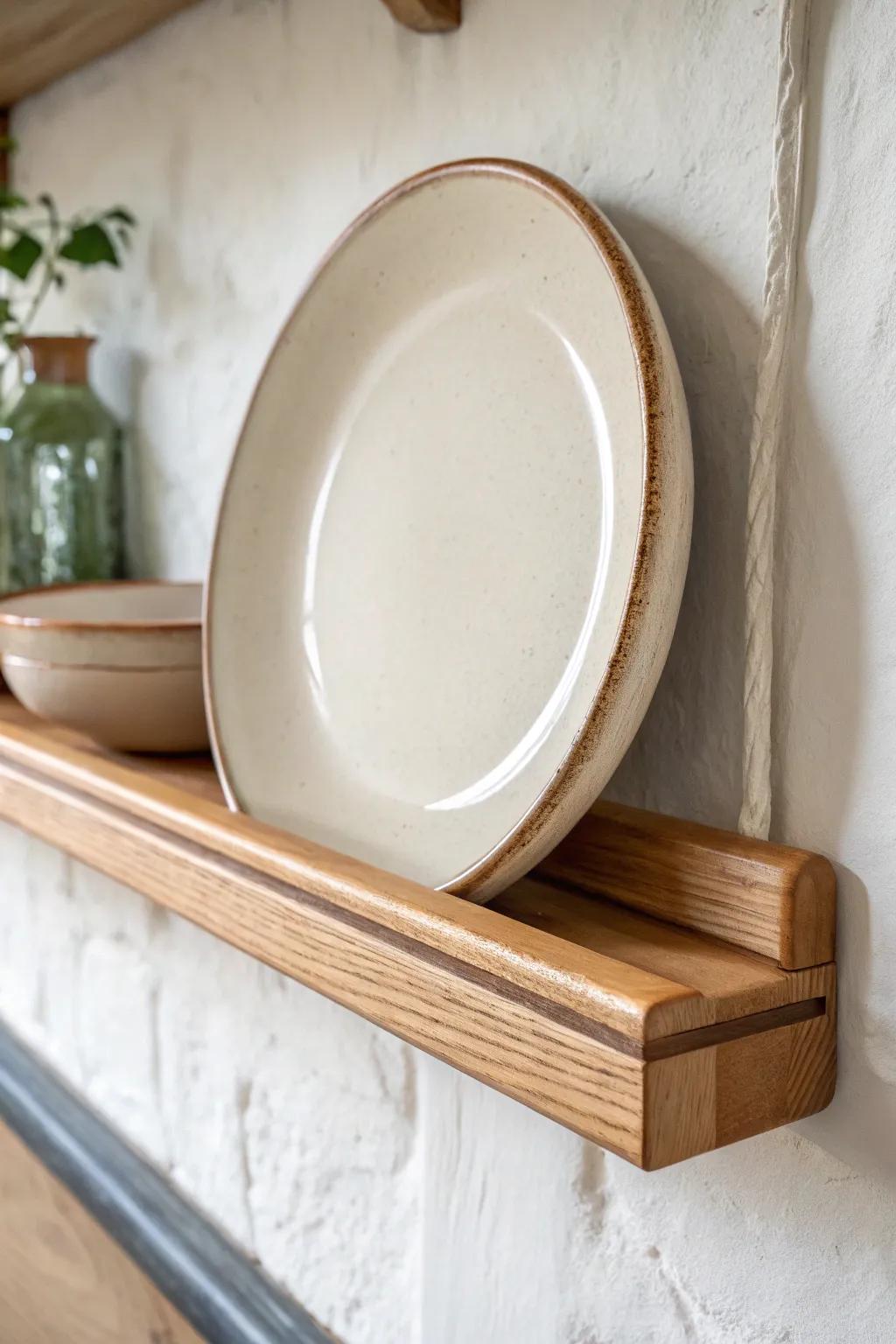 A sleek oak plate rail with a tiny dish‑lip molding—minimal, secure, and beautifully bold.