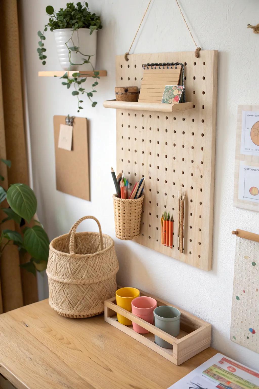 A chic wooden pegboard wall keeps art supplies visible, tidy, and ready for play.