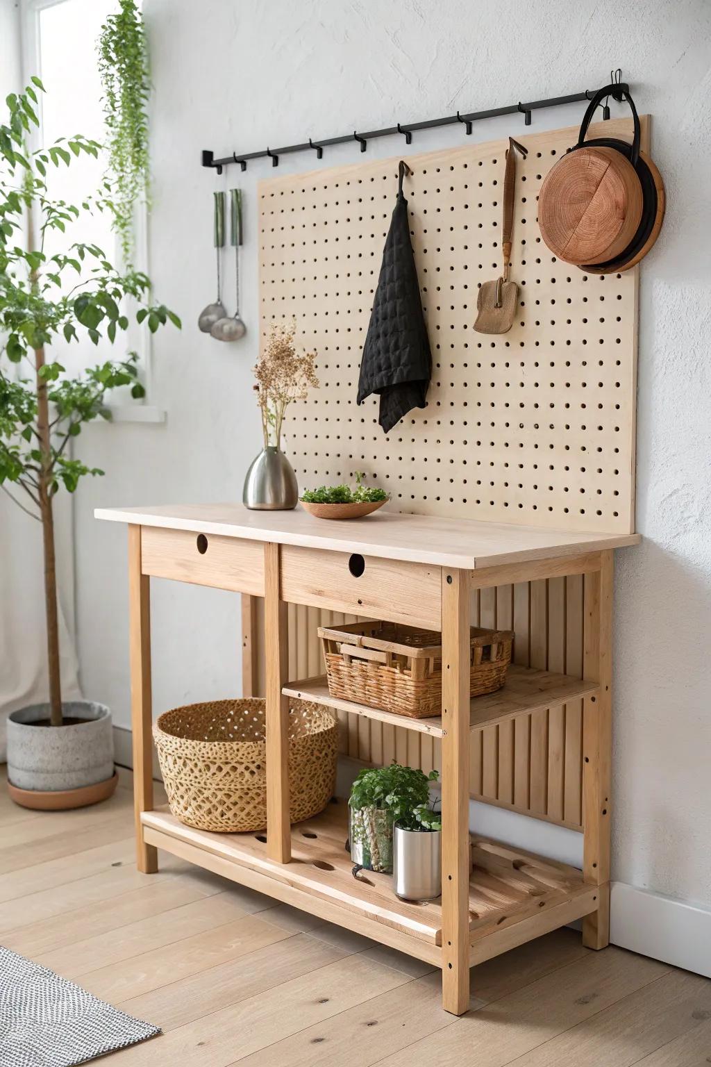 Plywood pegboard island side: sleek storage with bold black and copper accents.