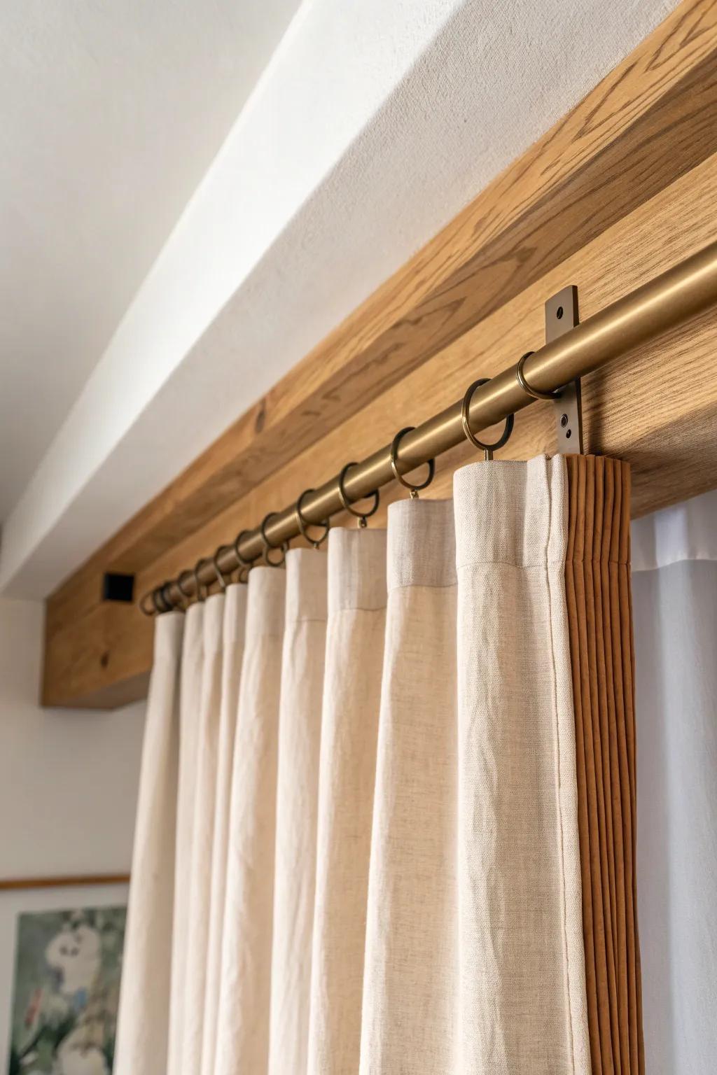 Renter-friendly ceiling-track curtain wall: soft linen, warm oak, instant pocket-door privacy.