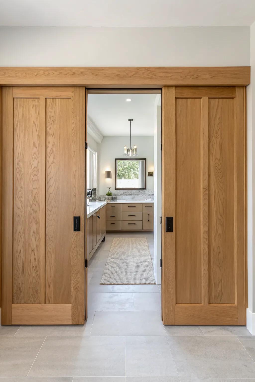 Double pocket doors in light oak—hotel-luxe symmetry that vanishes for a wide, open bath entry.