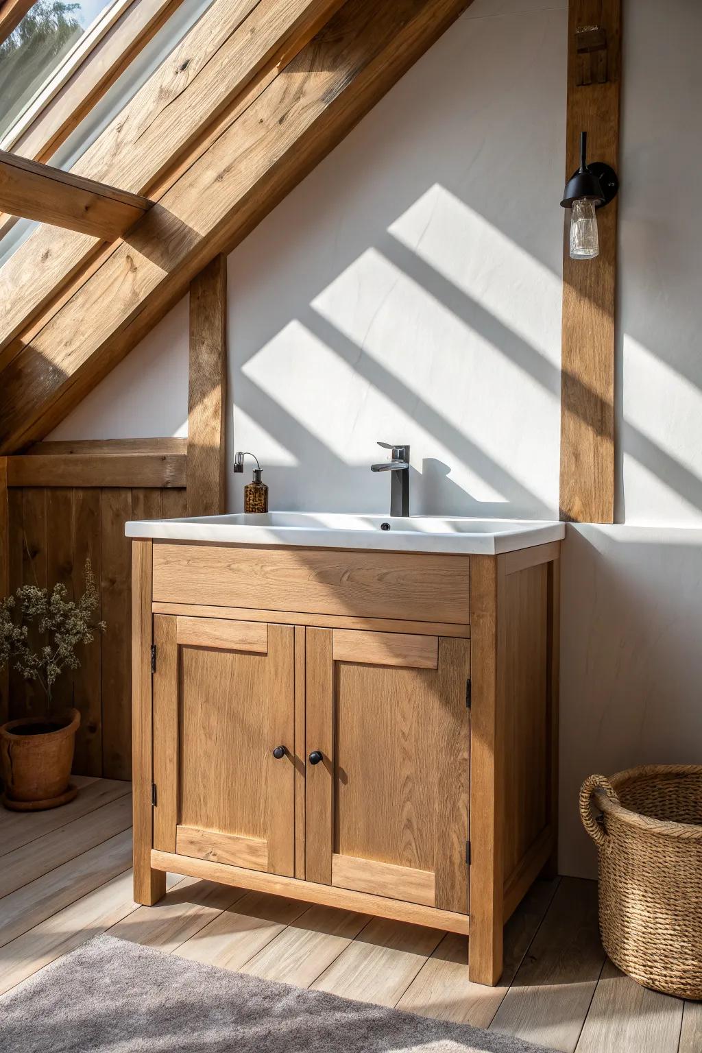 Skylight sunlight makes warm wood grain glow—bright, clean pole barn bathroom vibes.