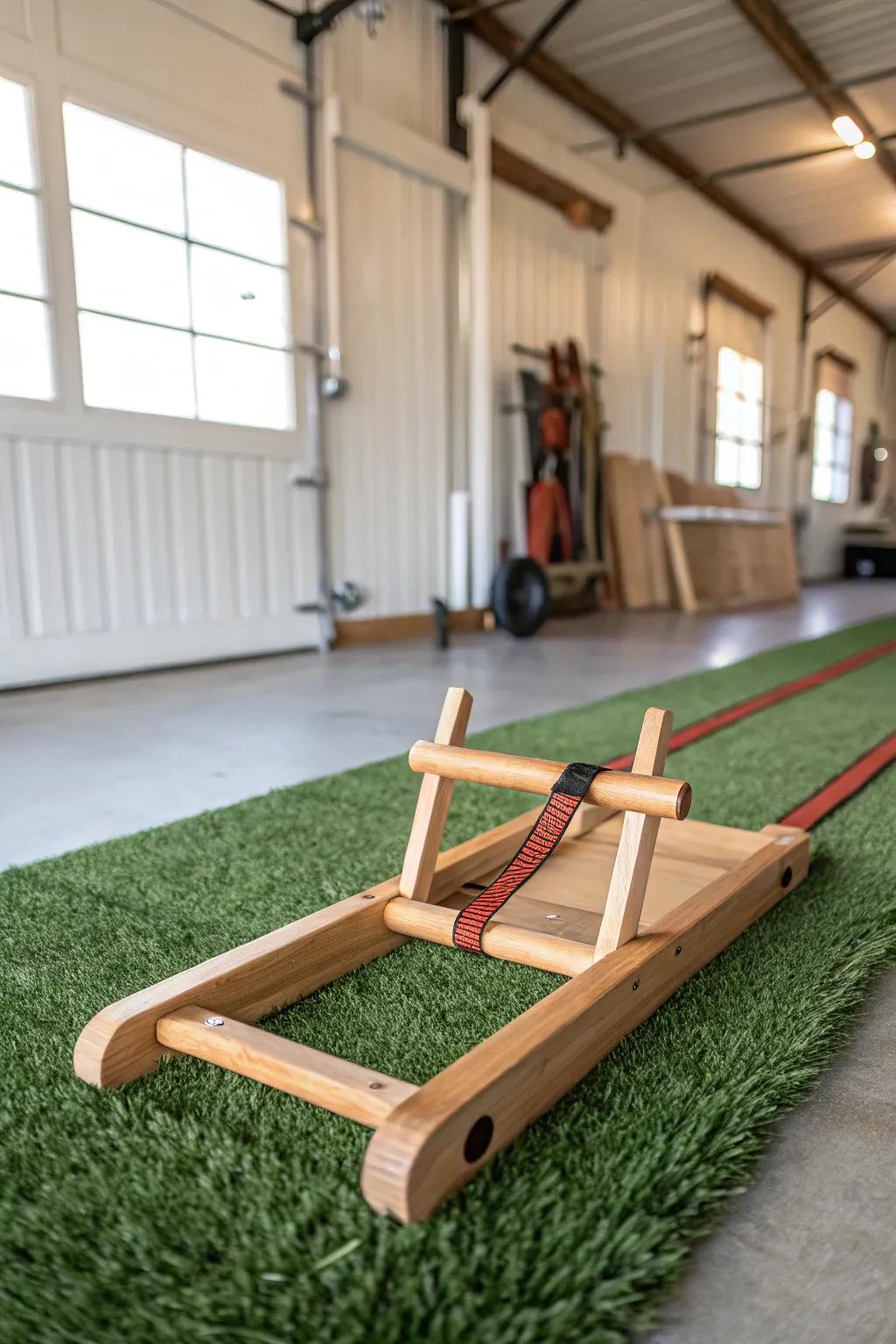 A sleek wooden push sled on bright turf—clean, tough, and photo-ready for a pole barn gym.