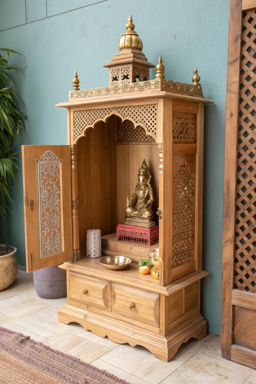 Fold-down wall mandir in pale oak—opens into a sacred nook, closes into a sleek cabinet.
