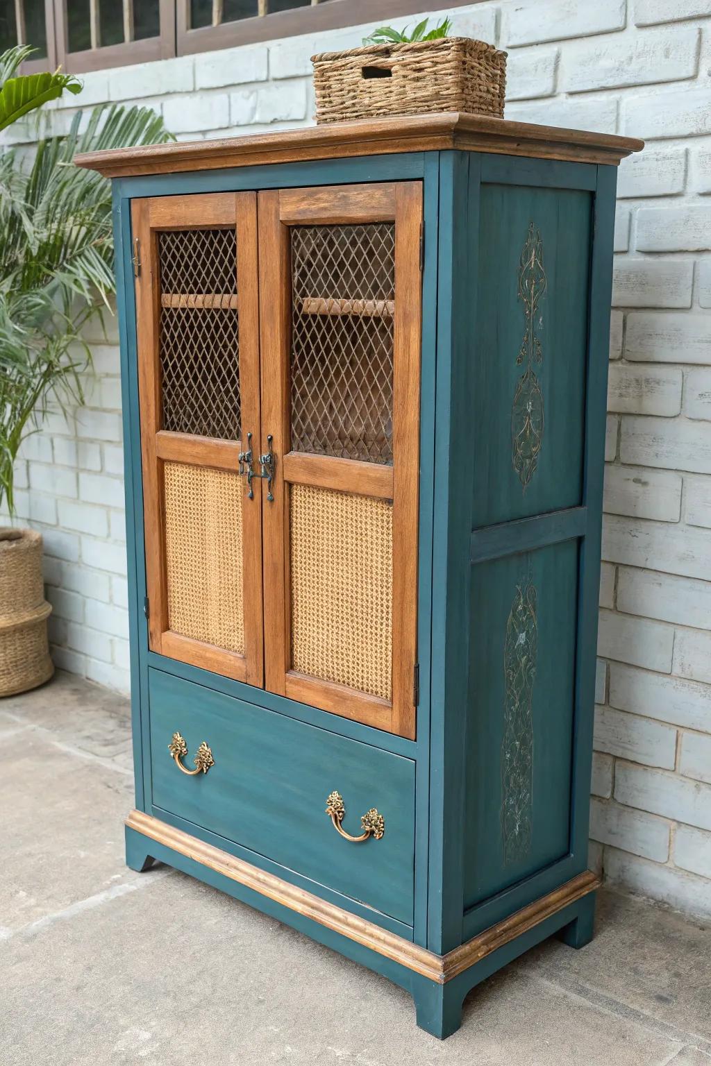 Upcycled dresser turned into a serene pooja unit—bold color, reclaimed wood charm, hidden storage.