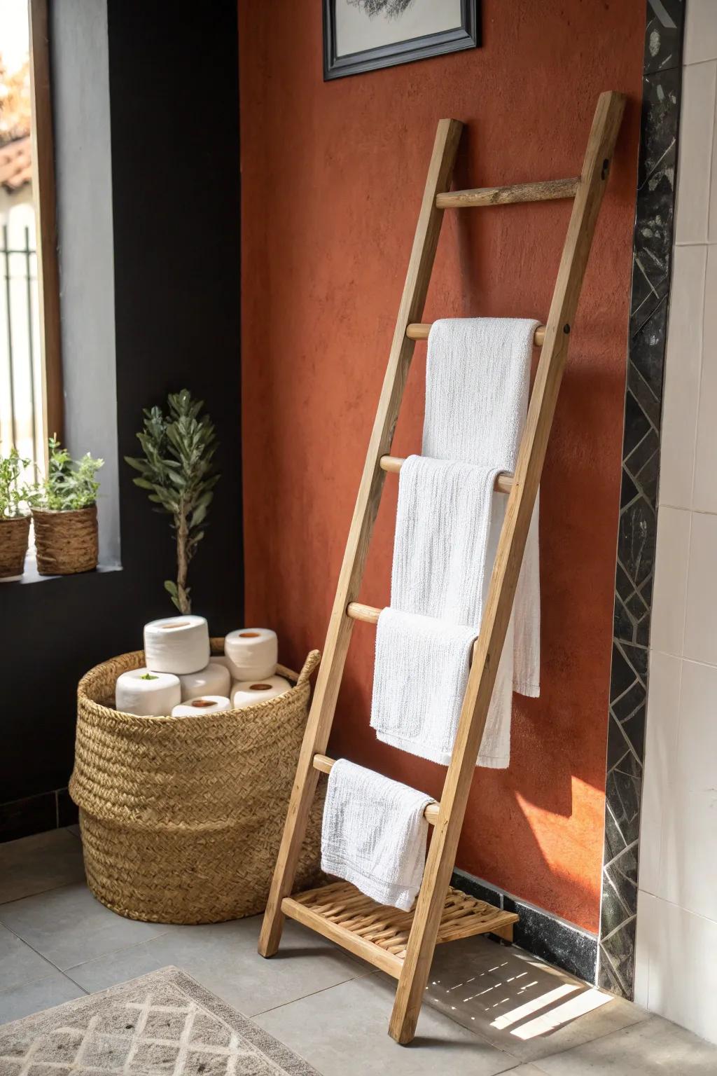 Slim DIY leaning ladder rack: towels on rungs, a basket below—vertical storage with style.