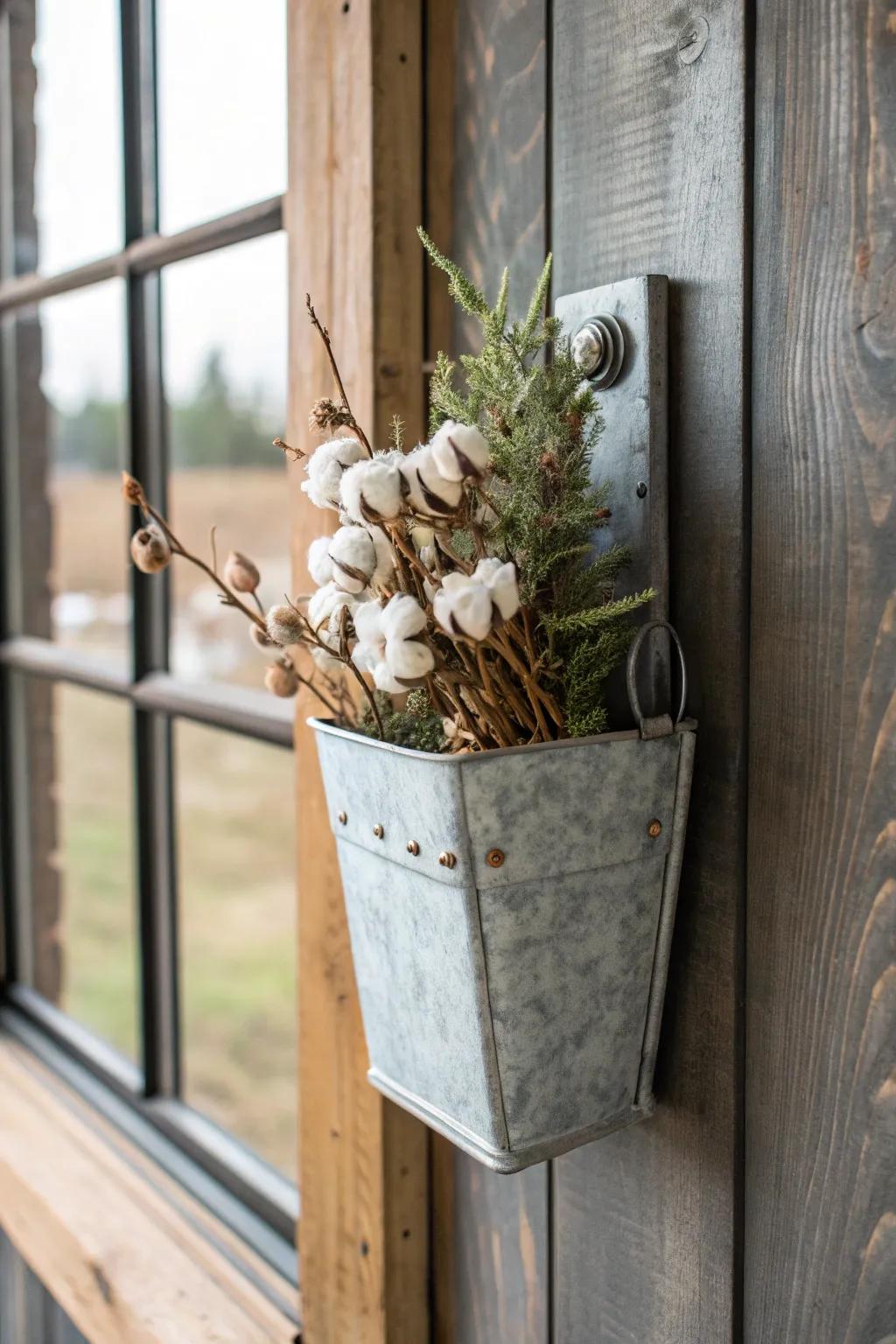 Galvanized wall pocket with dried cotton stems—primitive texture in creamy neutrals.