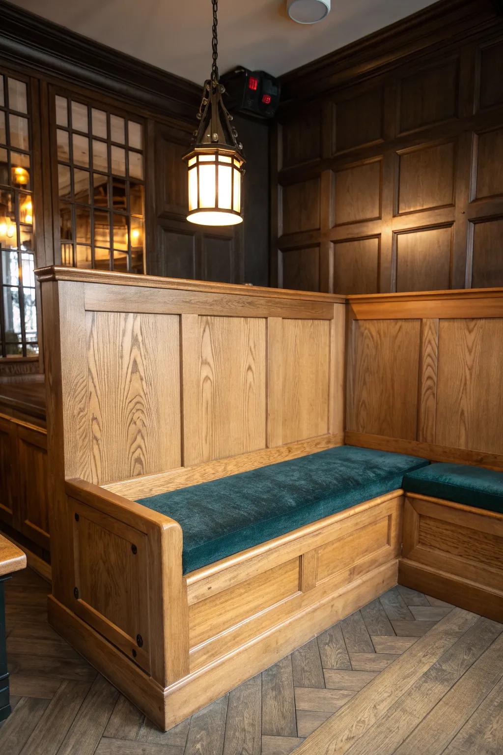 The best seat in the pub: a handcrafted wood snug bench with warm glow and deep comfort.