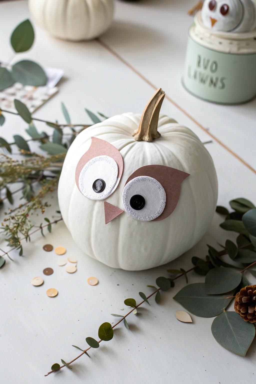 Embrace the playful spirit of autumn with this charming googly-eyed pumpkin owl, a perfect blend of minimalist design and whimsical creativity.