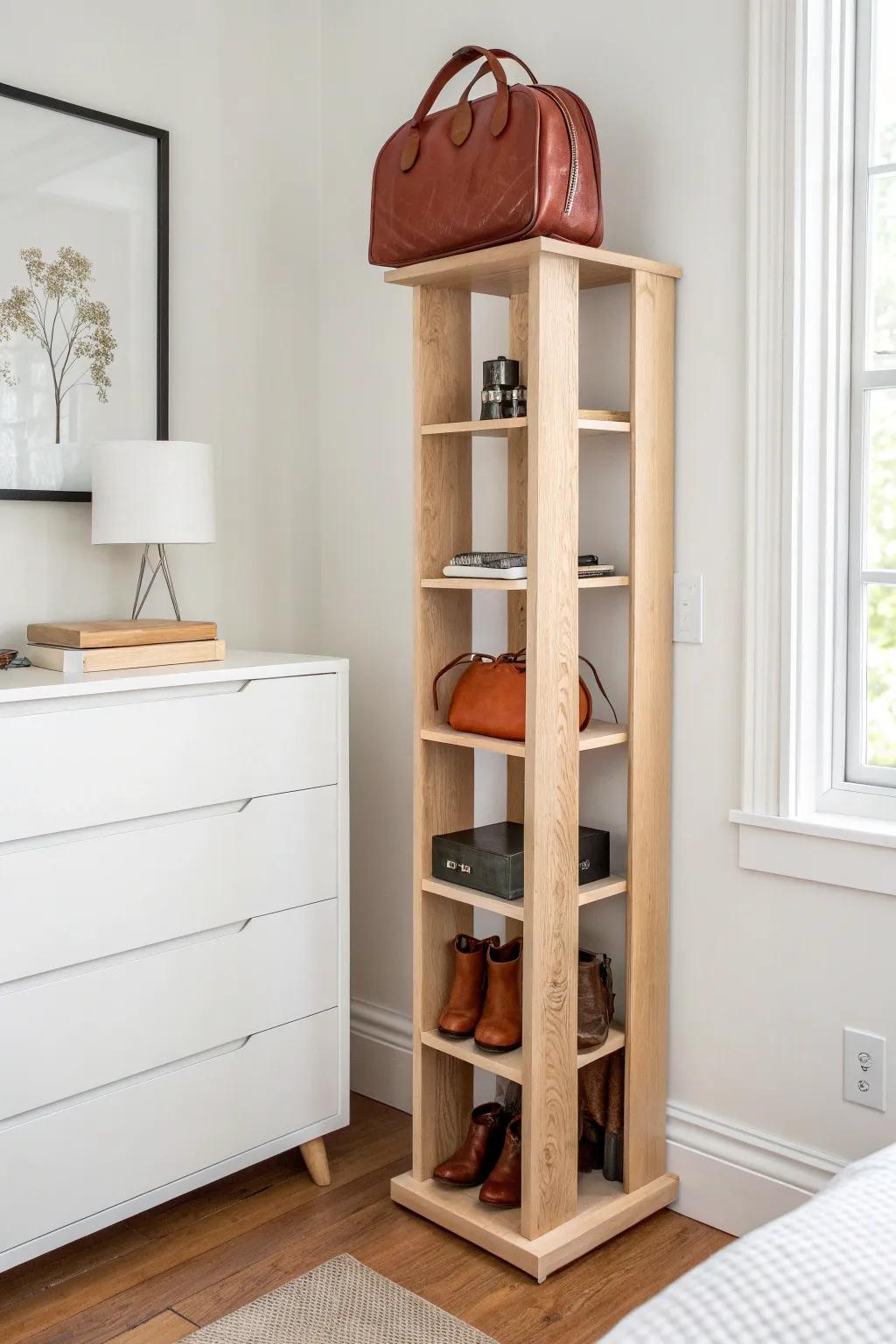 A slim wooden purse tower that turns a tiny gap into elegant, high-capacity storage.