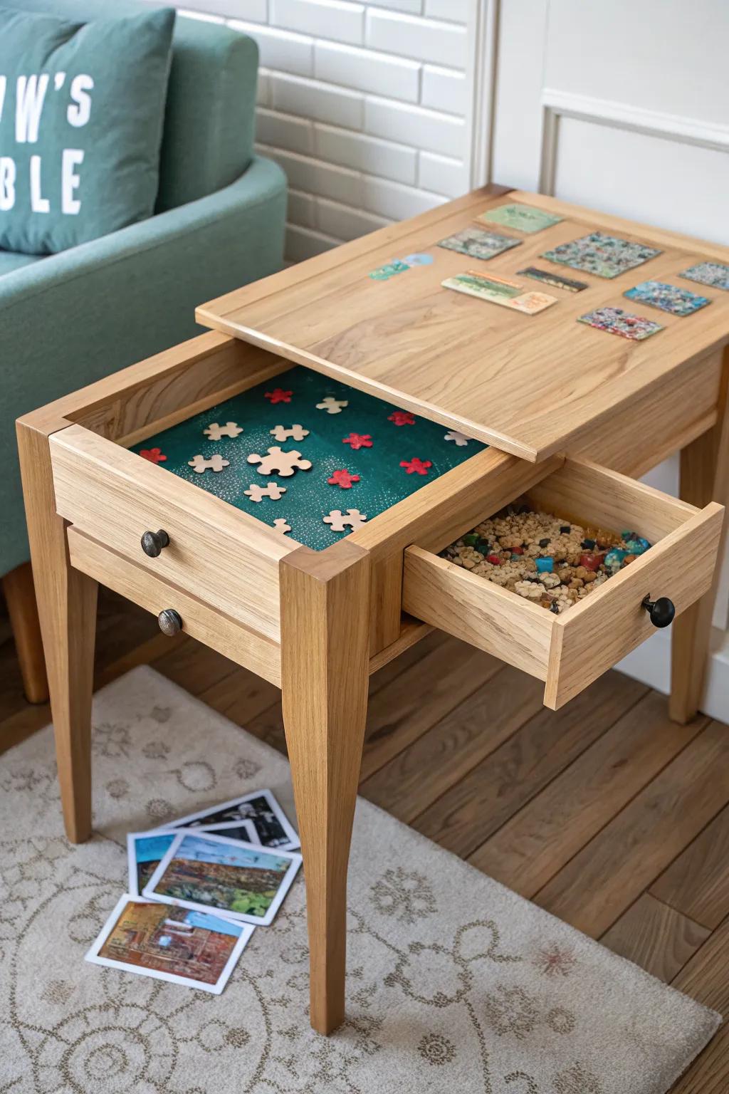 Upcycled side table turned puzzle station—recessed top, snug cover, and drawer storage.
