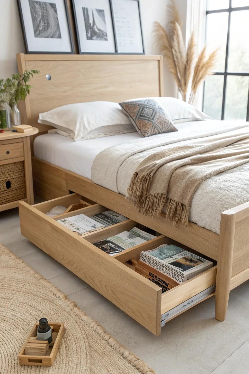 A sliding side panel reveals a hidden “secret” bay—stylish queen-bed storage for keepsakes.
