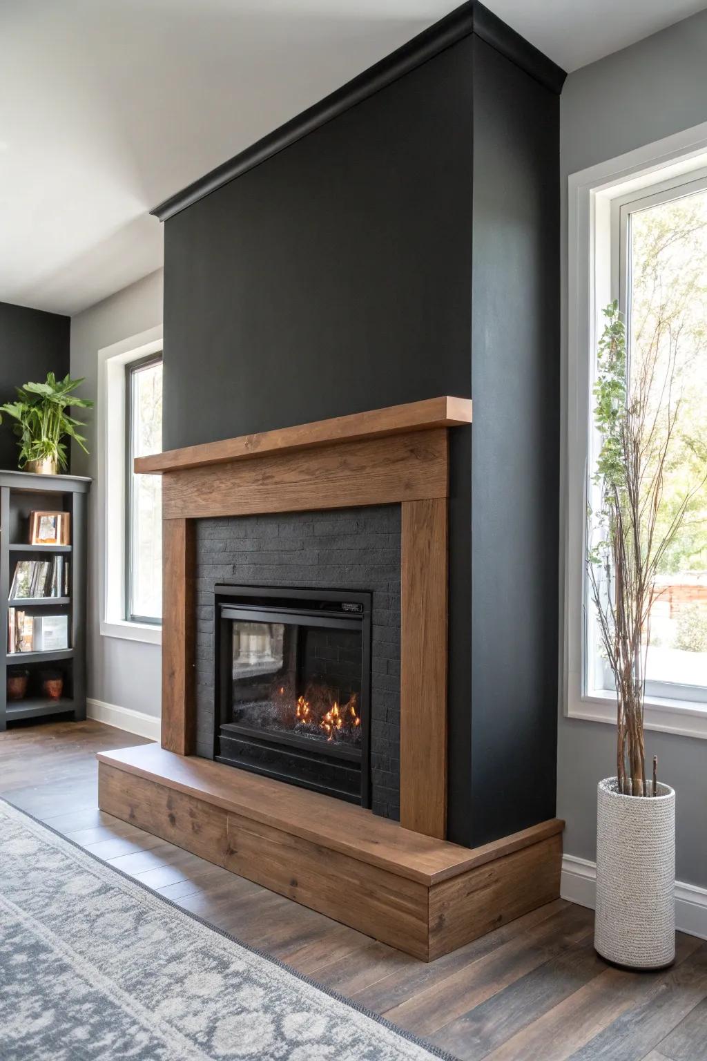 Dark monochrome walls make a raised, no-hearth fireplace feel sleek, tall, and dramatic.