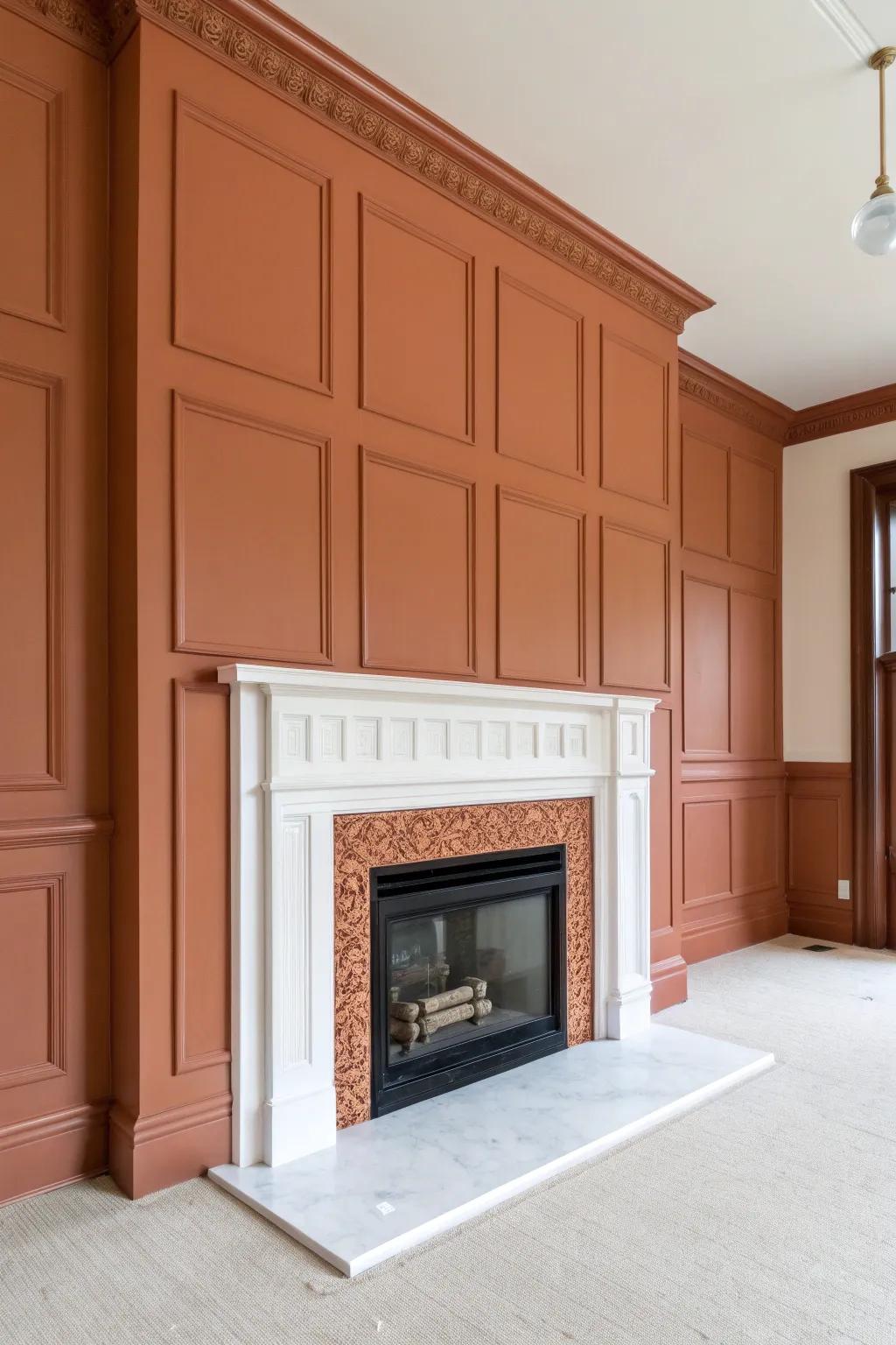 Elevate your fireplace with symmetrical raised panels—built‑in charm in warm oak & crisp white.