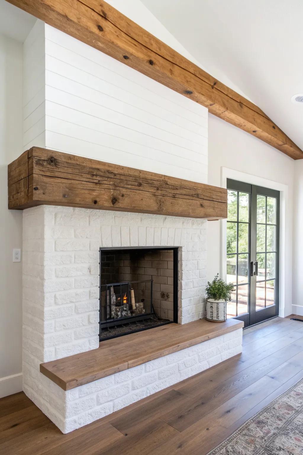 Chunky reclaimed-wood mantel + smooth plaster instantly modernizes a ranch fireplace focal point.