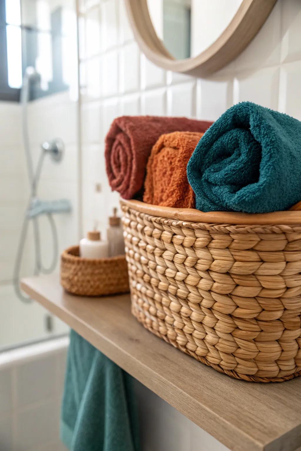 Handwoven rattan basket instantly turns a tiny bathroom shelf into a calm, spa-like nook.