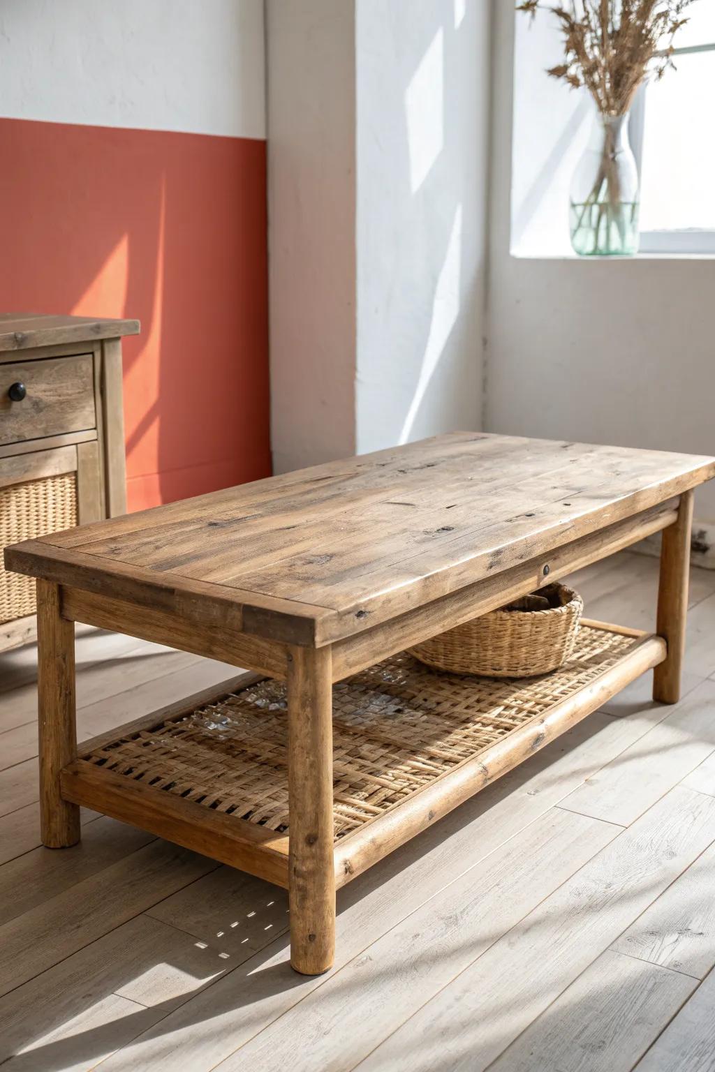 Reclaimed wood meets airy rattan—one statement coffee table for a cozy modern farmhouse lounge.