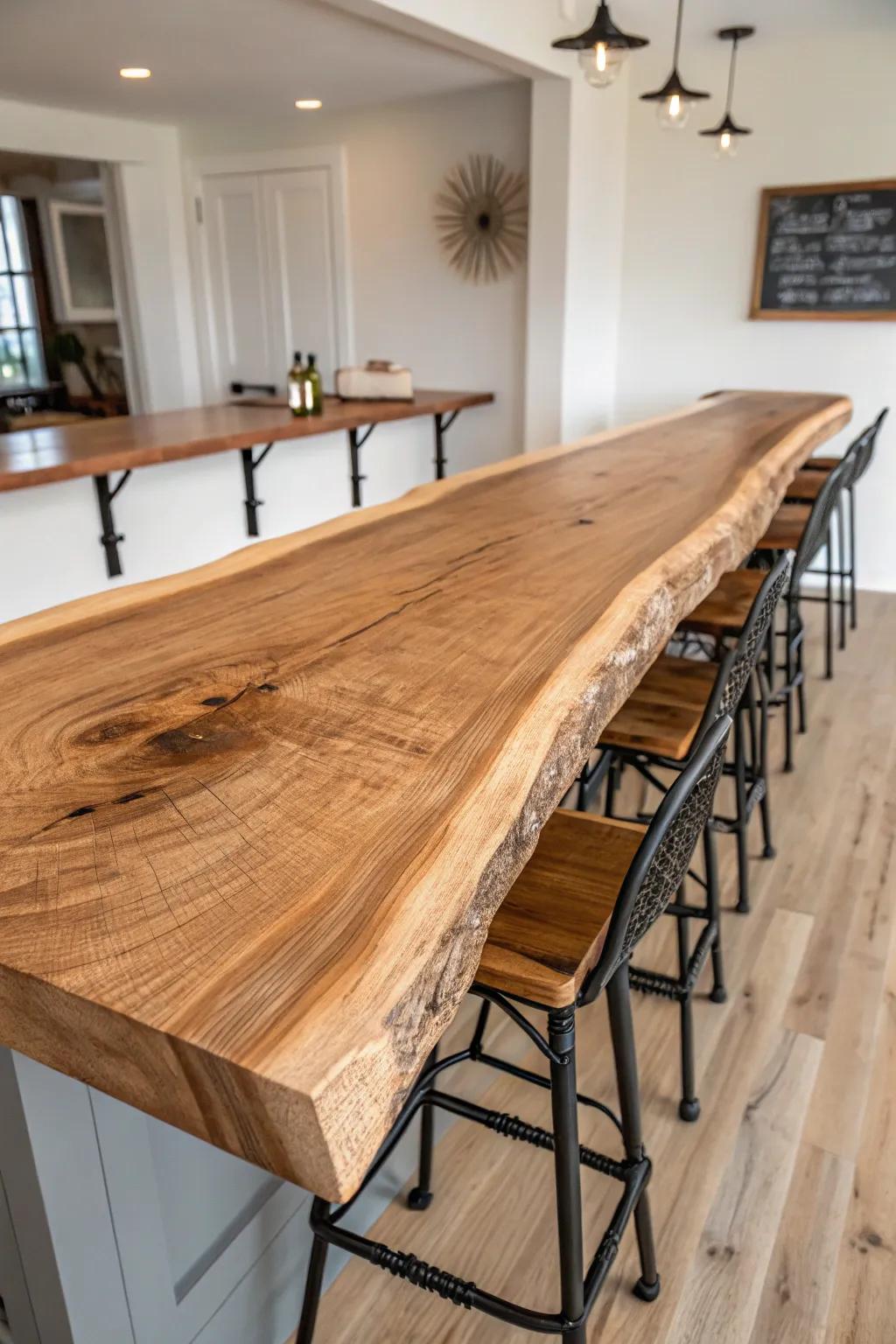 Live-edge slab bar top with a clear glossy finish—natural knots, bold grain, zero clutter.