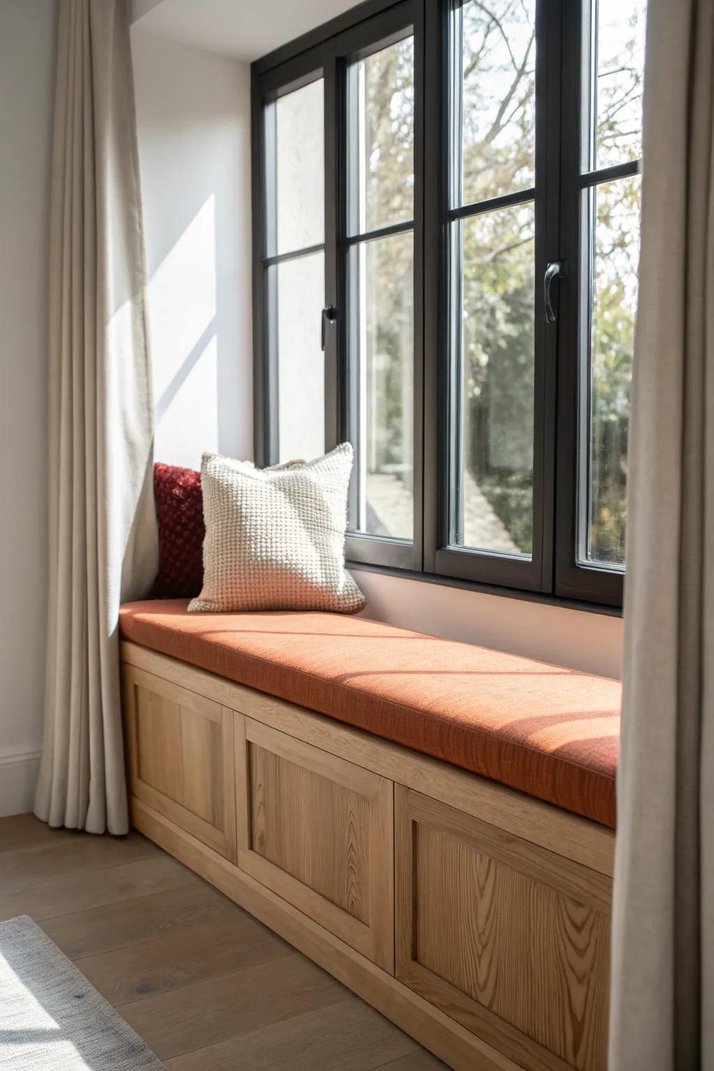 A built-in oak window seat with hidden storage—bright, calm, and unforgettable for guests.
