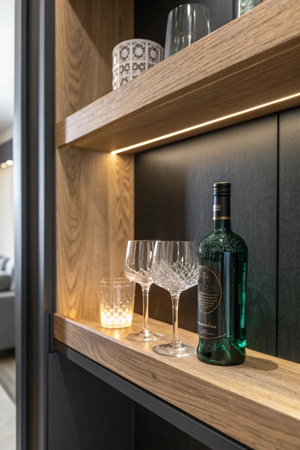 Hidden under-shelf lighting makes a recessed bar feel luxe—your bottles and glassware become decor.