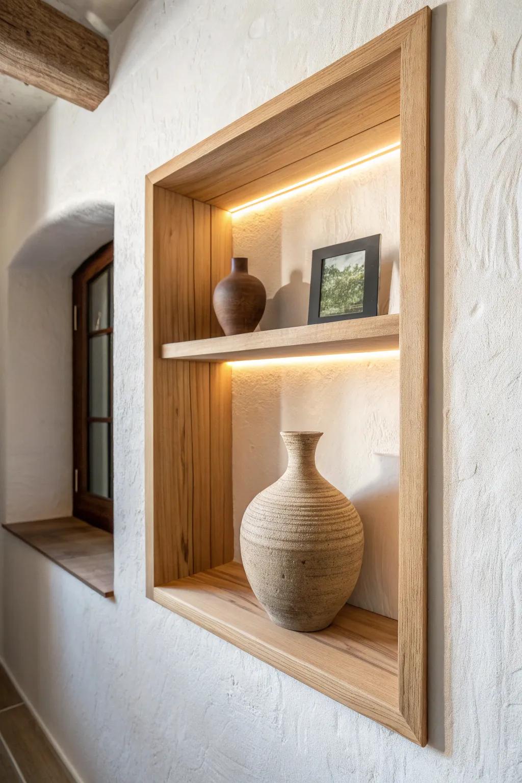 Hidden LED glow turns a simple recessed shelf into an artful, cozy display niche.