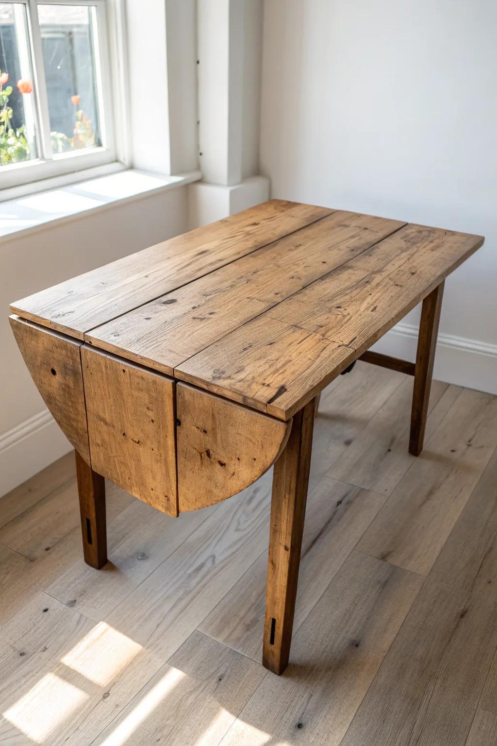 A reclaimed wood drop-leaf table—space-saving, bold in texture, and beautifully imperfect.