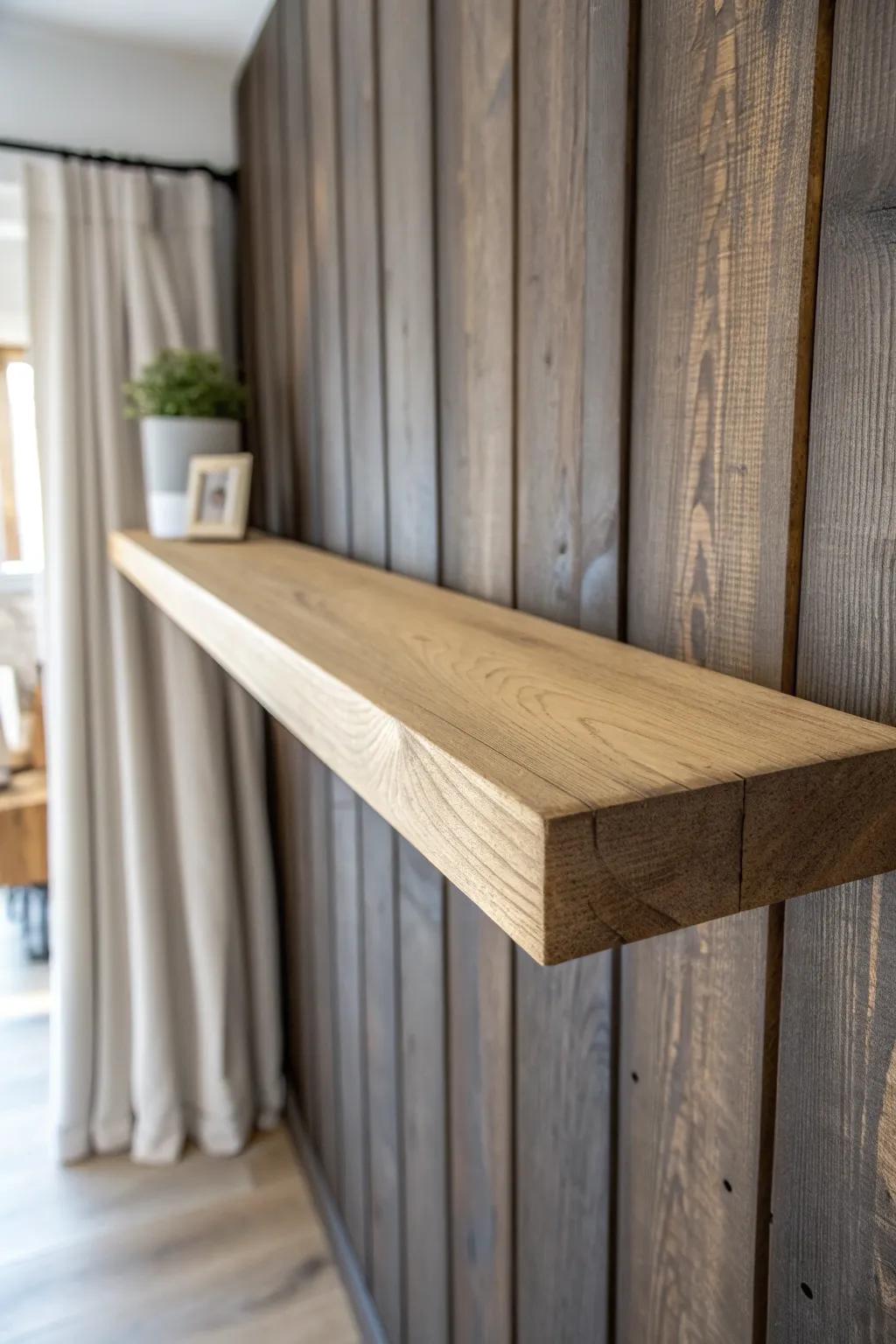 Long floating ledge on a reclaimed wood wall—Scandi minimalism with a hint of boho warmth.