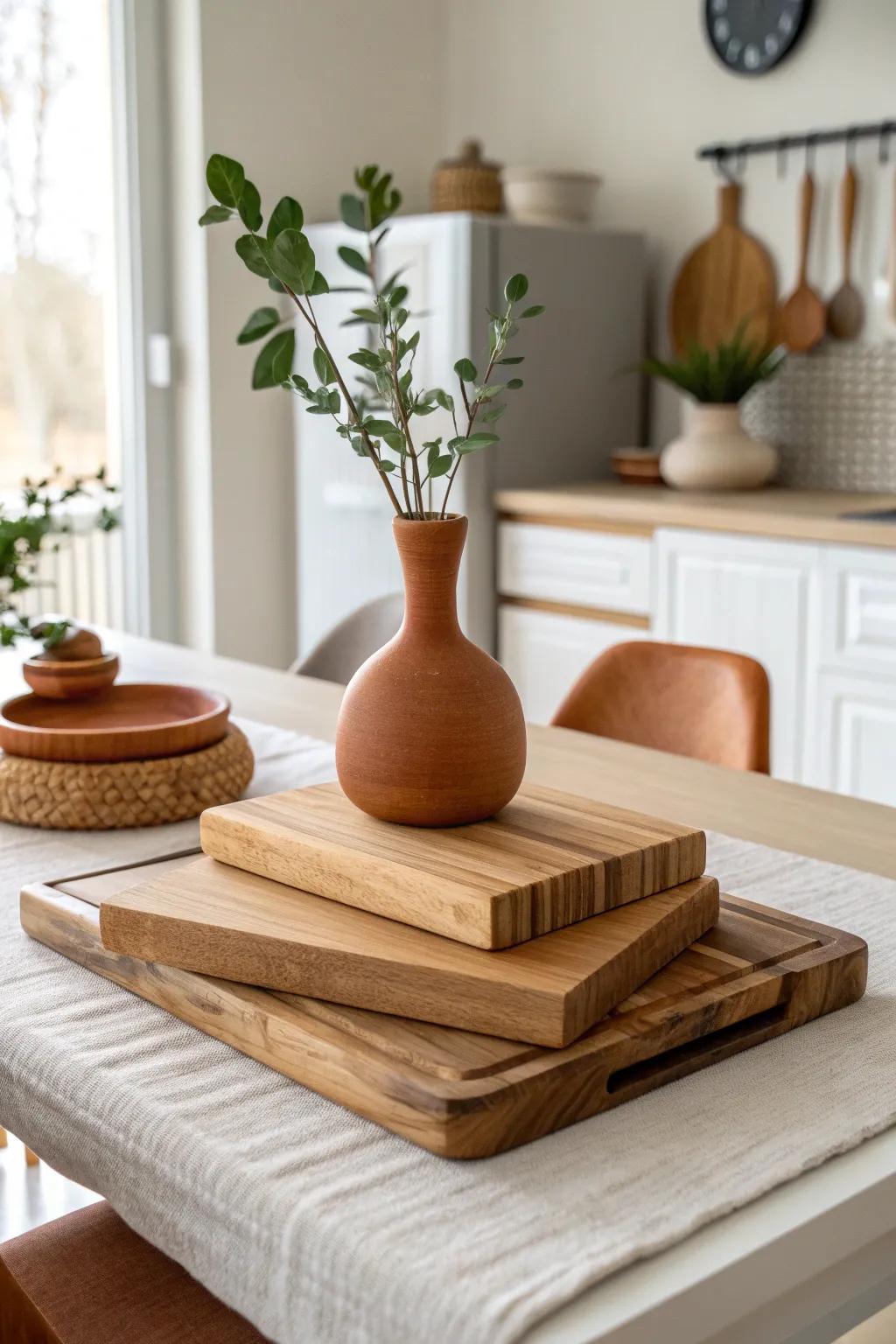 Stacked cutting boards create an easy wood riser centerpiece—minimal, warm, and striking.