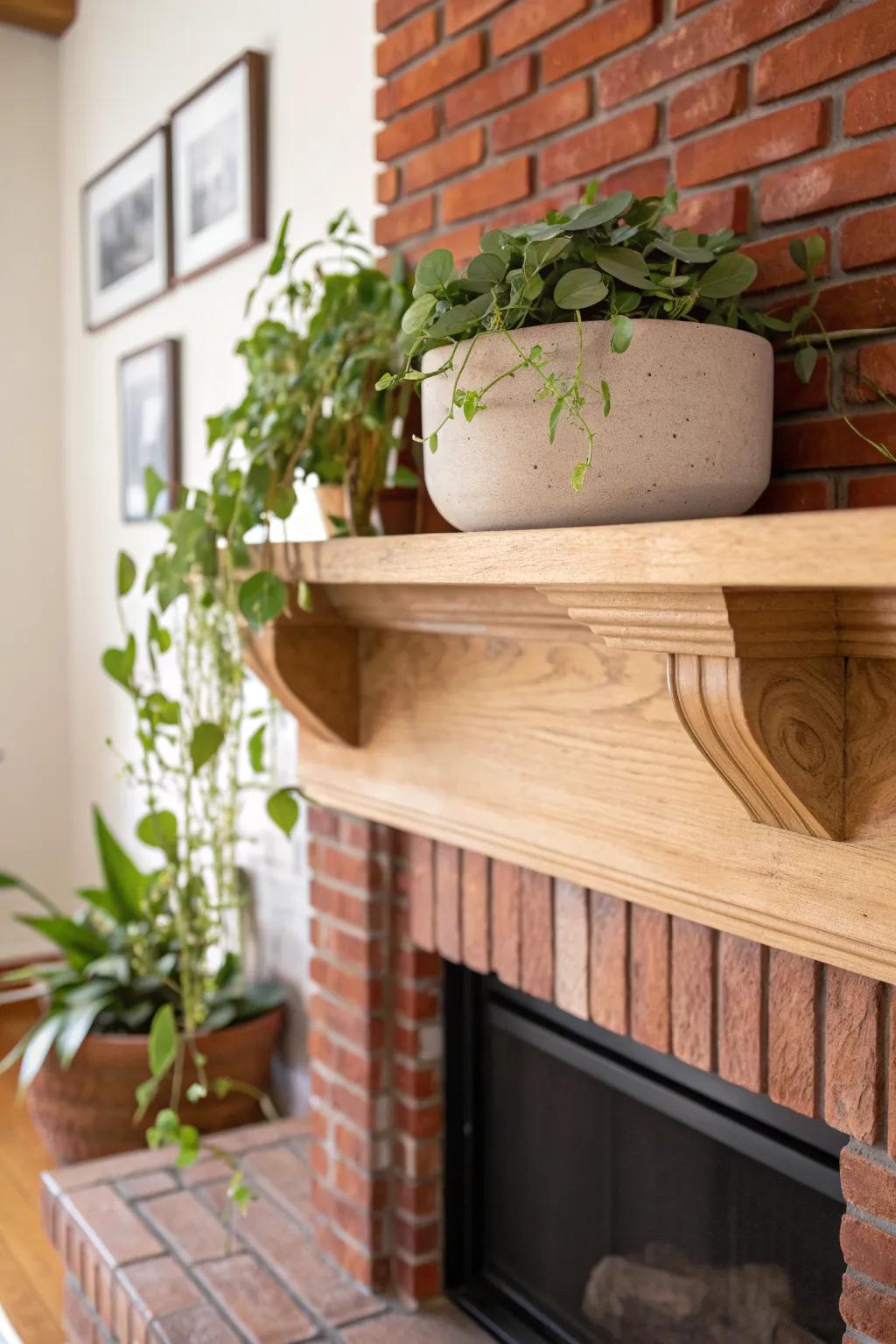 Cool green pothos on a pale oak mantel instantly freshens the warmth of a red brick fireplace.