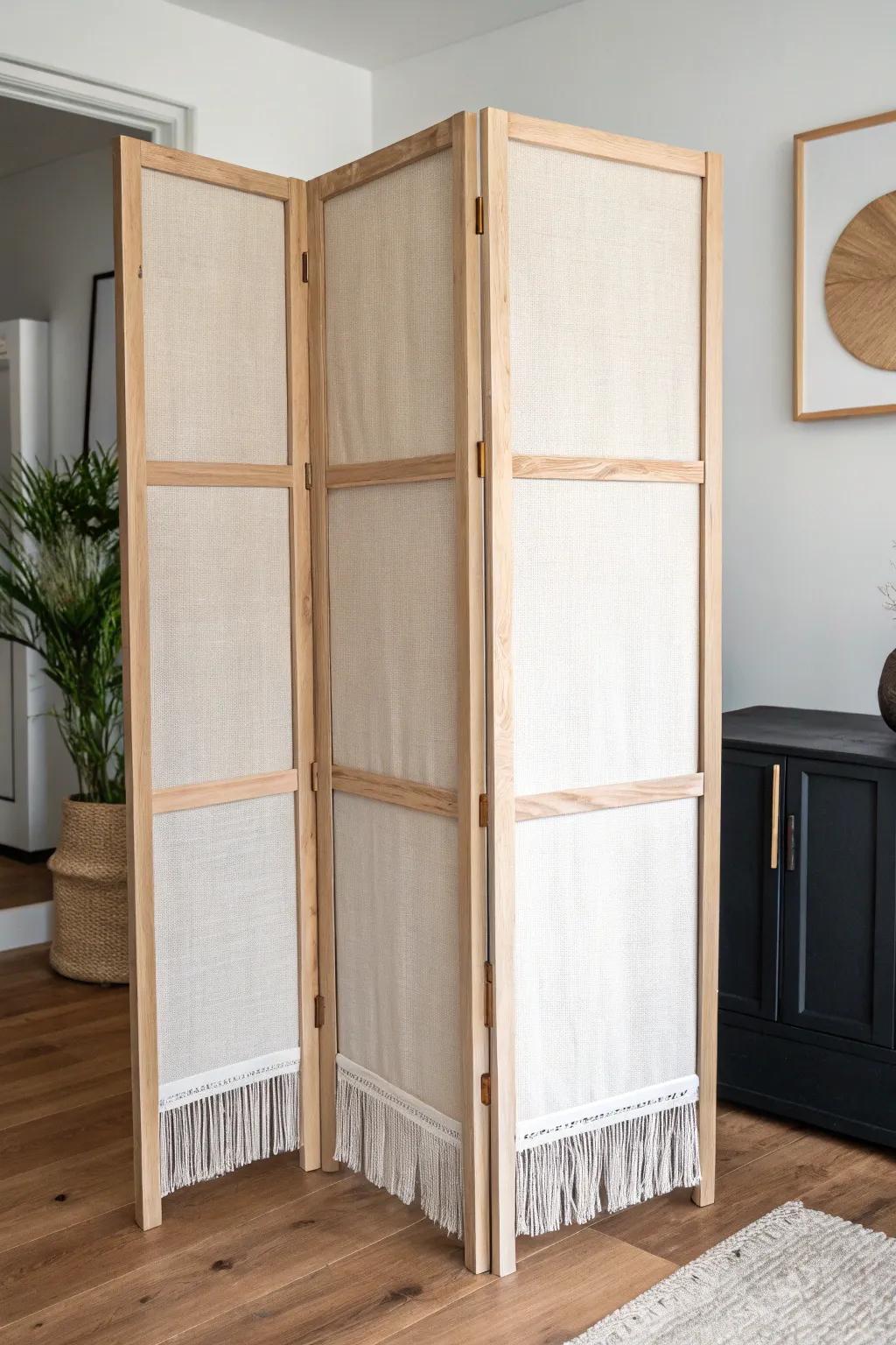 Hide a doorless closet with a handmade folding screen—light wood frame, linen panels, bold contrast.