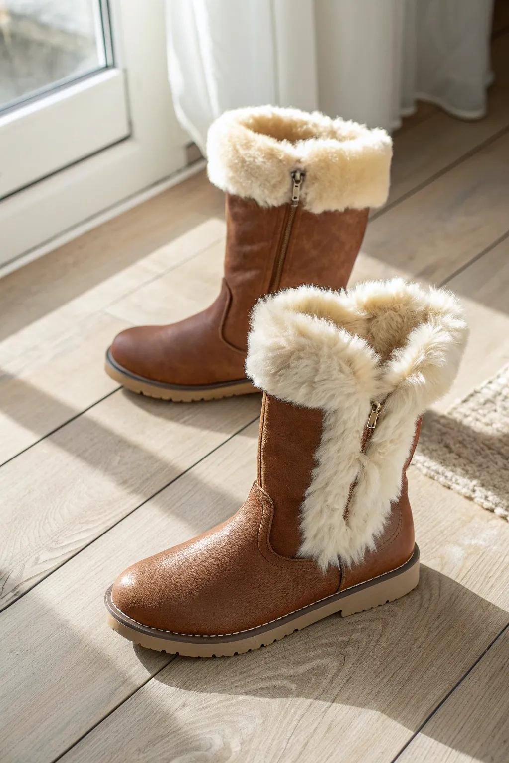 Step into warmth and style with these chic fur-trimmed boots, the perfect blend of cozy and modern elegance.