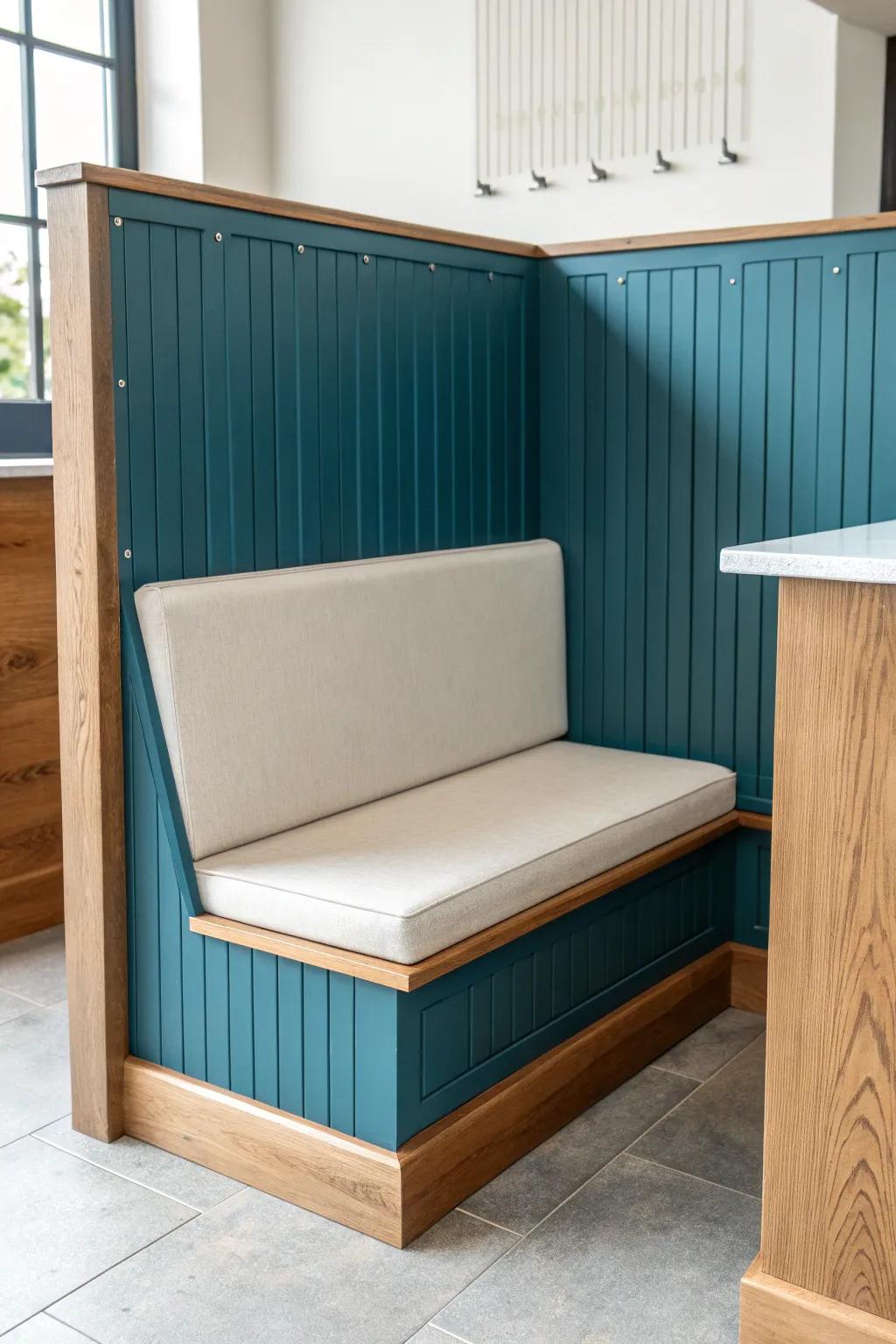 Bold shiplap booth back + warm oak seat—low-drama retrofit that makes the space feel finished.