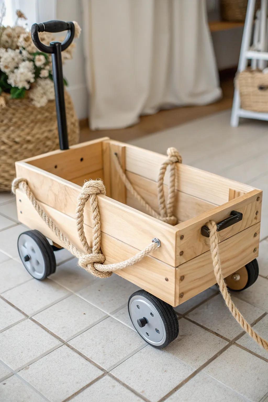 Oak ring bearer wagon with thick rope pull and nautical knots—coastal charm, photo-ready finish.