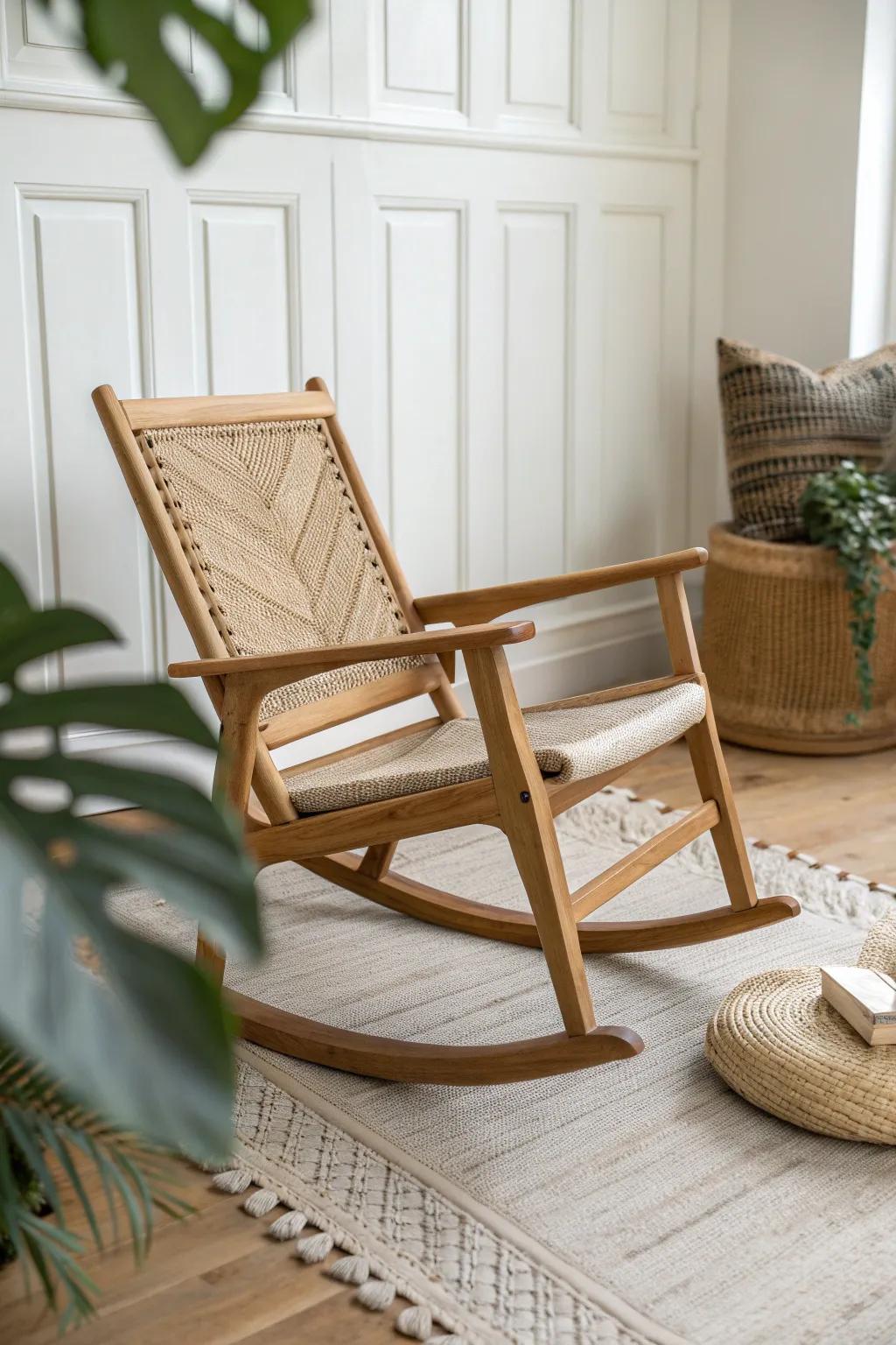 Natural woven cane and warm oak bring instant depth—finished with a bold terracotta accent.