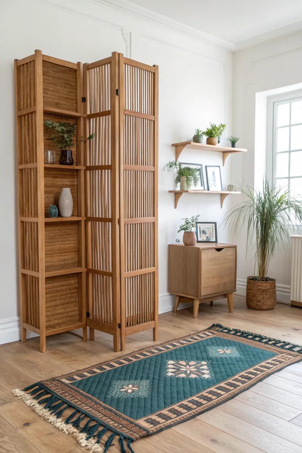 Handcrafted wood divider + bold zoning rug: a simple combo that makes a studio feel like two rooms.