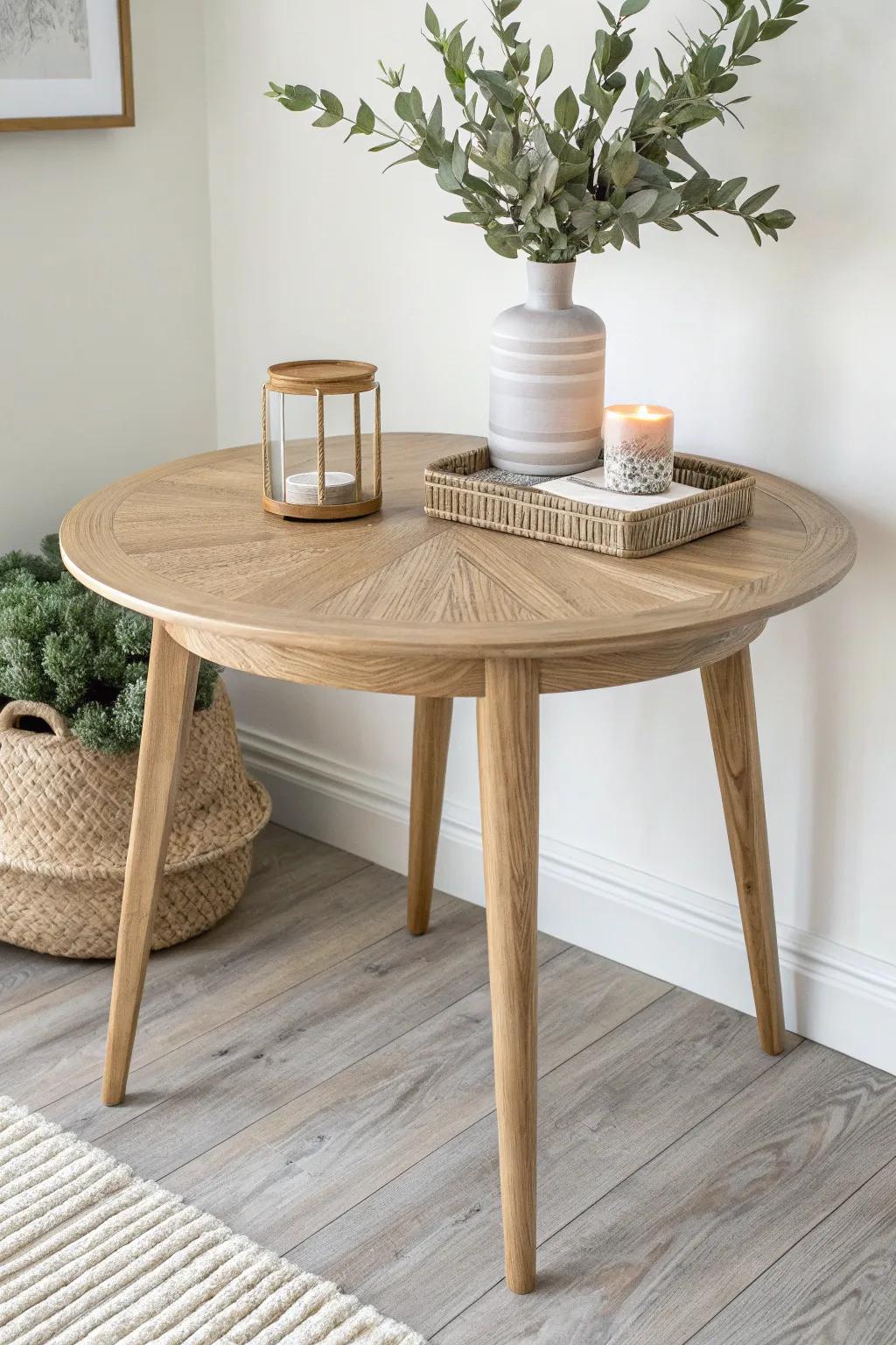 Two-zone styling: greenery on one side, tray setup on the other—balanced, airy, bold.